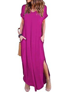Women's Plum Red Summer Maxi Long Dress Casual Loose Short Sleeve Split Pockets